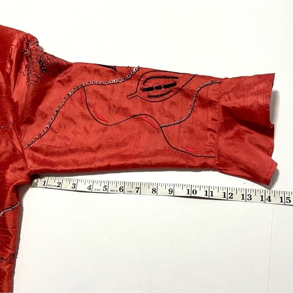 Orange Silk Button-down Blazer Jacket Top Large Artsy Beaded - Picture 15 of 15